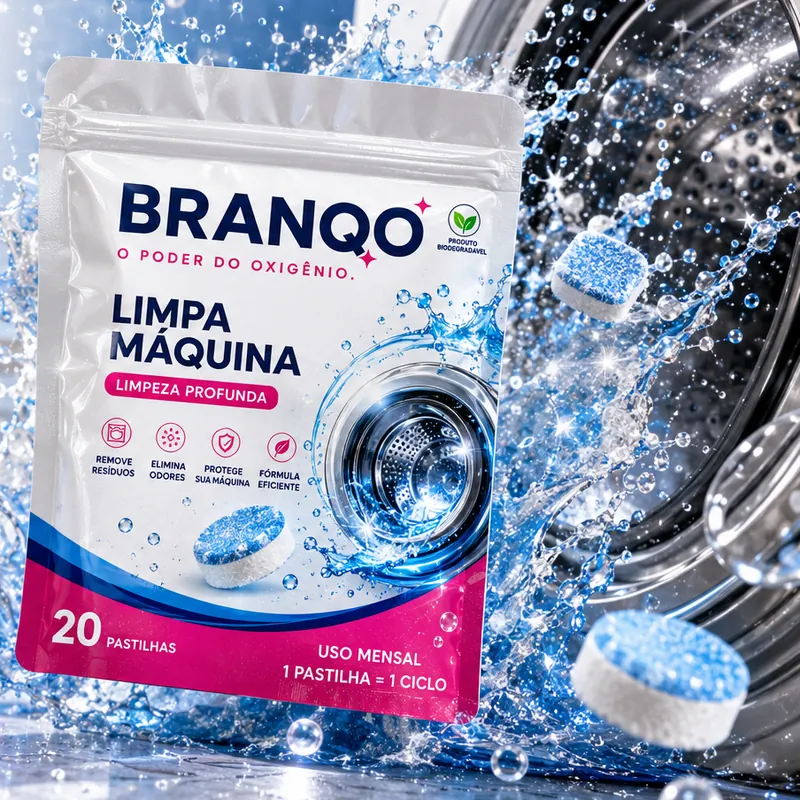 Sachê de 20 pastilhas limpa máquina em meio a respingos de água, com pastilhas azuis e o tambor da máquina ao fundo.